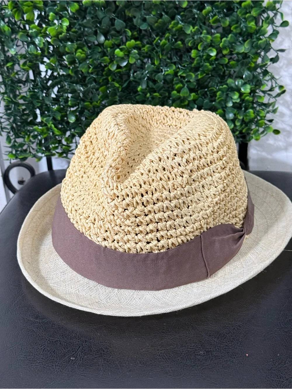 Linen and Straw Cloche Hat with Brown Ribbon